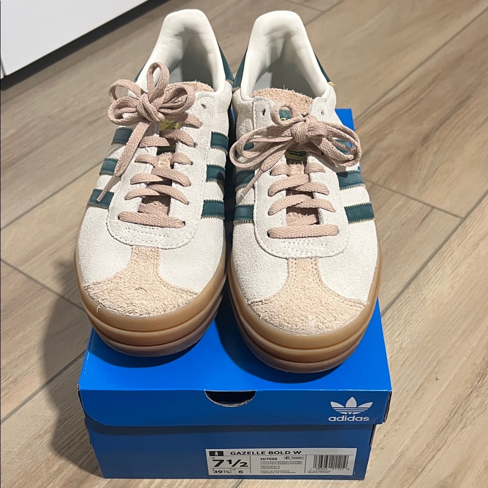 Adidas Women's Gazelle Bold Sneakers - Cream and Dark Green